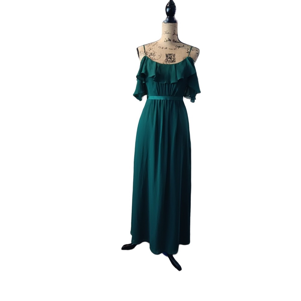 David's bridal formal bridesmaids forest green chiffon off shoulder dress sz 4‎